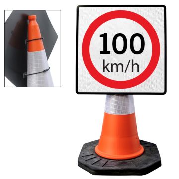 Cone Mountable “100KM Speed Limit” Reflective White and Red Square Sign