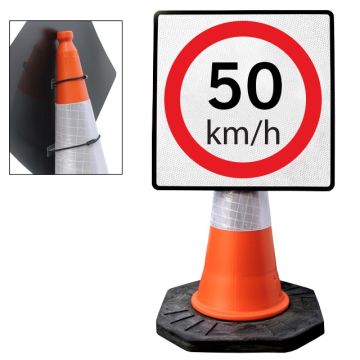 Cone Mountable “50KM Speed Limit” Reflective White and Red Square Sign