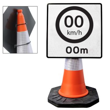 Cone Mountable "Custom KM" Speed Limit Reflective White and Black Square Sign