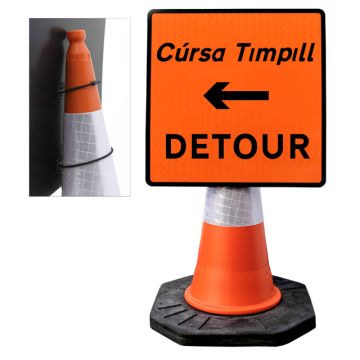 Cone Mountable "Detour Left" Reflective Orange Square Sign